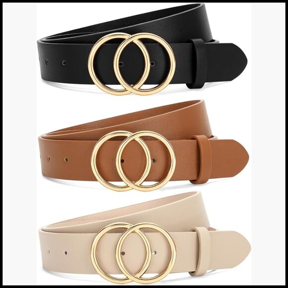 Faux Leather Double O-Ring Gold Buckle Belt for Jeans and Dresses